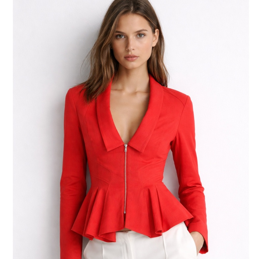 Zac Posen Peplum V Neck Blazer in Red Orange
